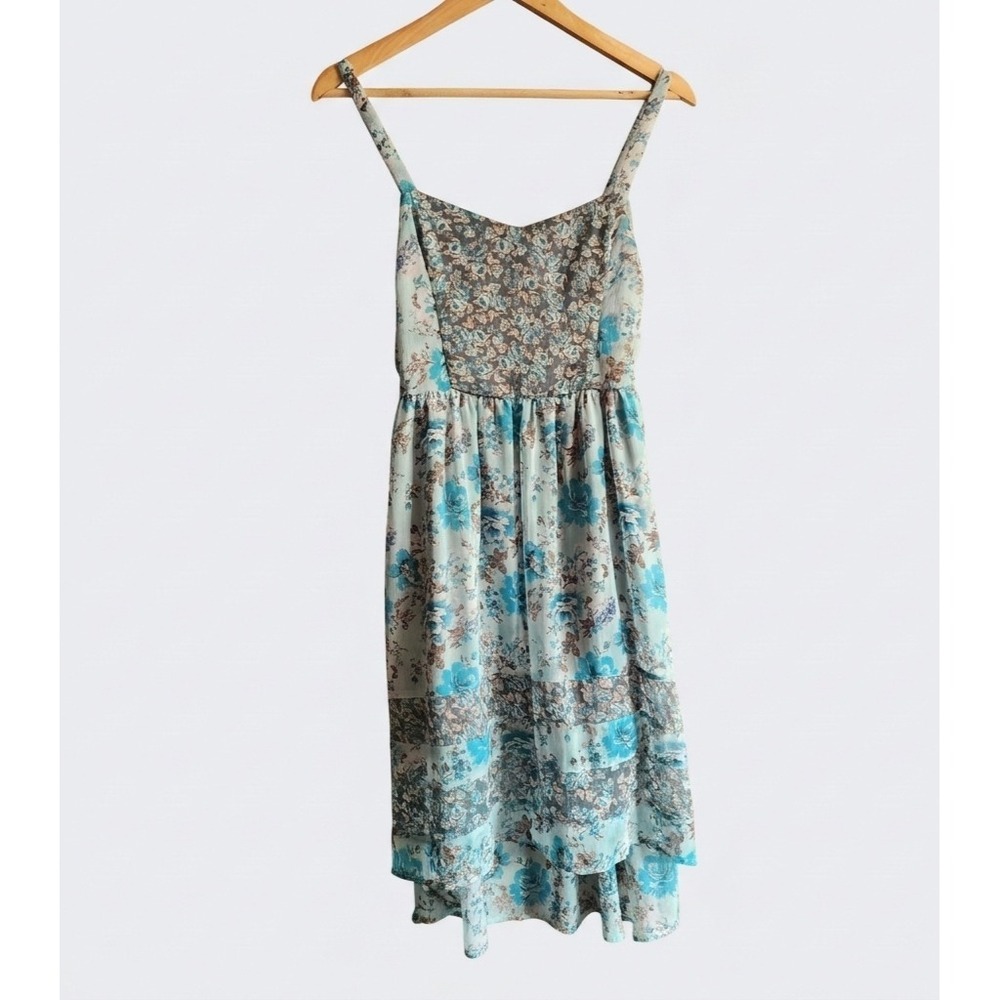Mudd Y2K Floral Sun Dress Blue Grey High Low Smocked Back Summer Boho Womens Med